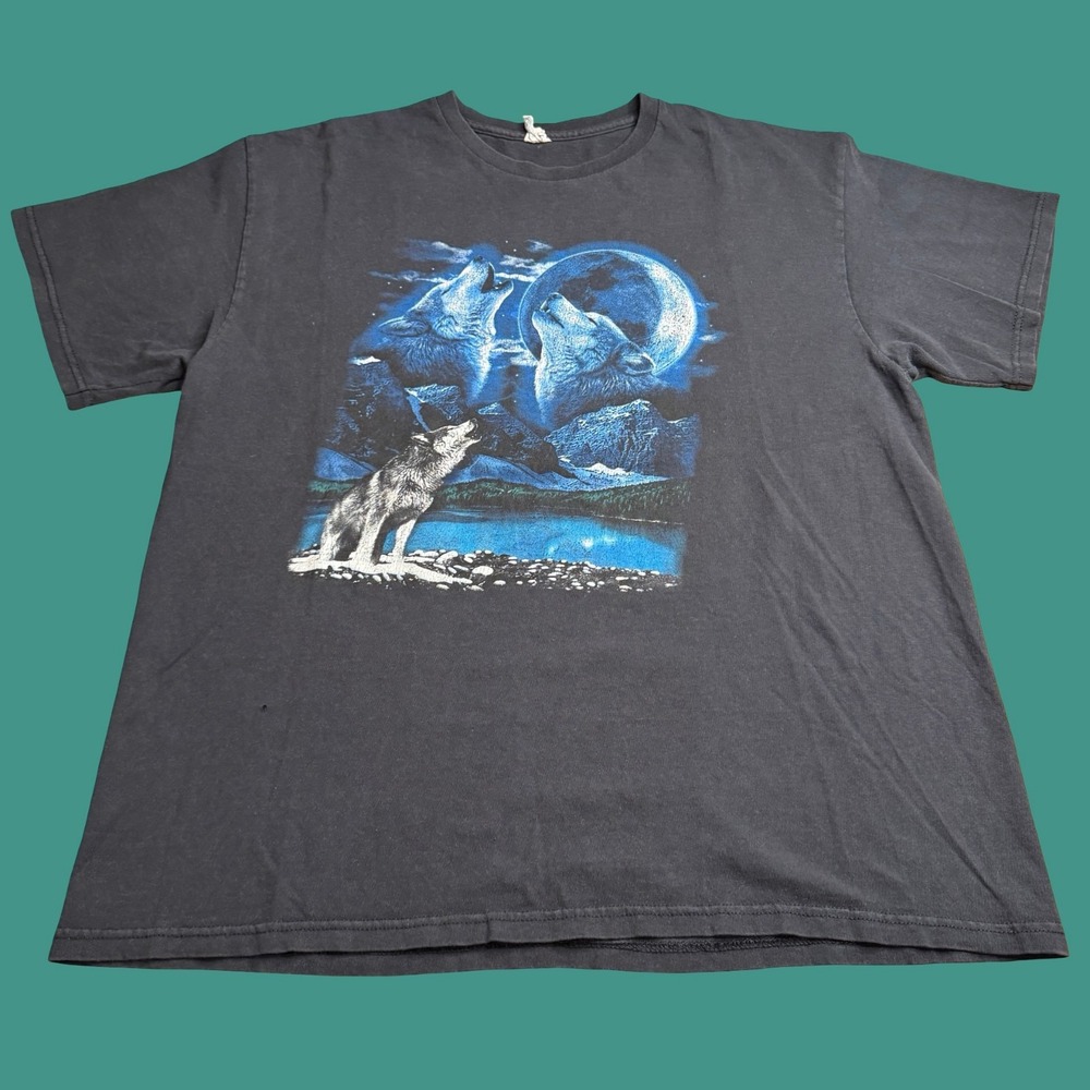 Wolf Mens XL Full Moon Howl Graphic Cotton T Shirt Short Sleeve Black Y2K